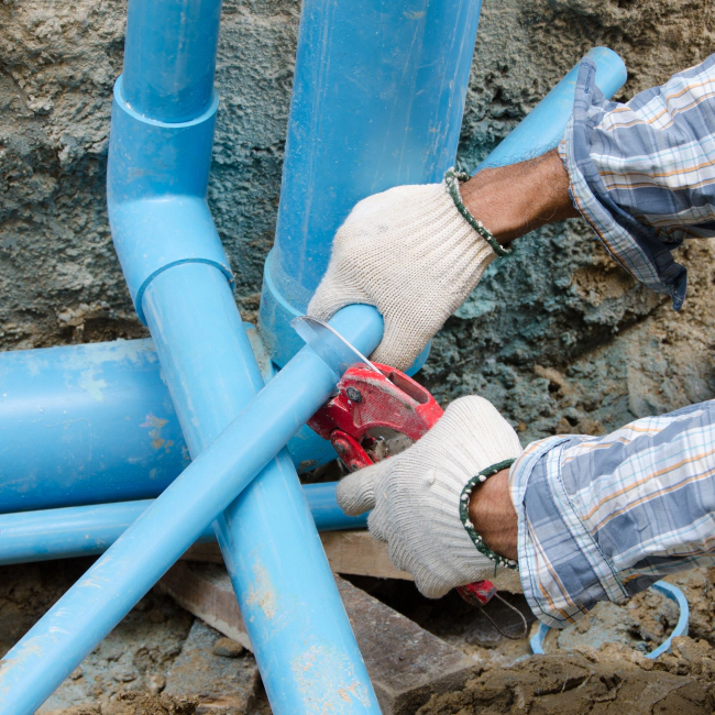 plumber cutting blue sewer pipes burlington wi