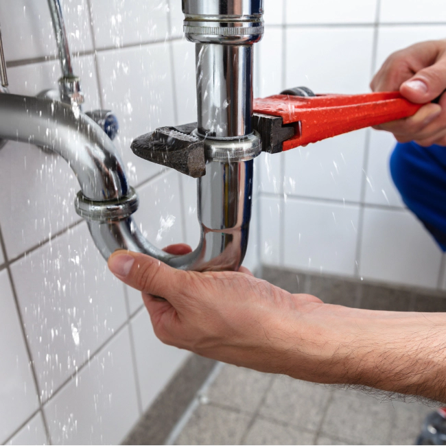 plumber tightening bathroom sink with wrench burlington wi